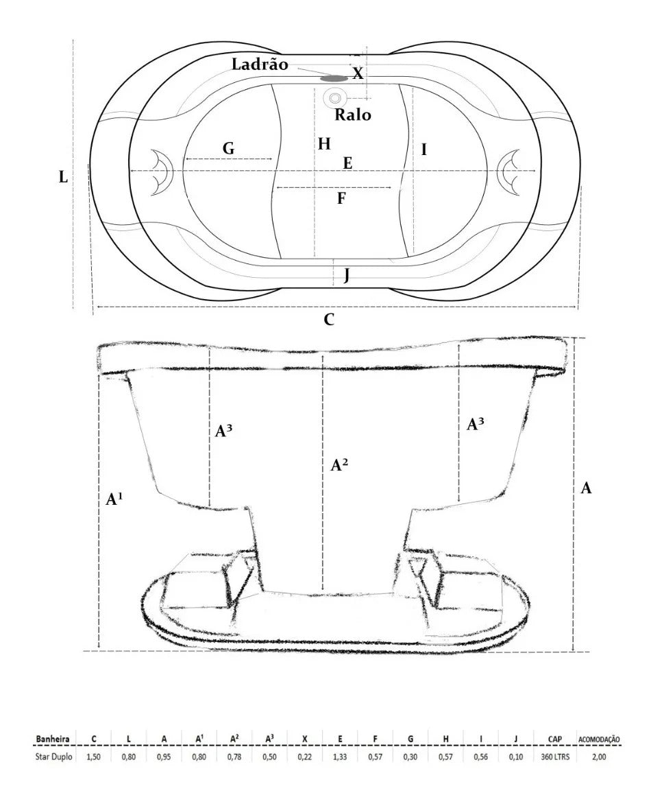Ofurô Duplo Star 1.50 x 0.80 Com Hidromassagem Aquecedor e Cromoterapia